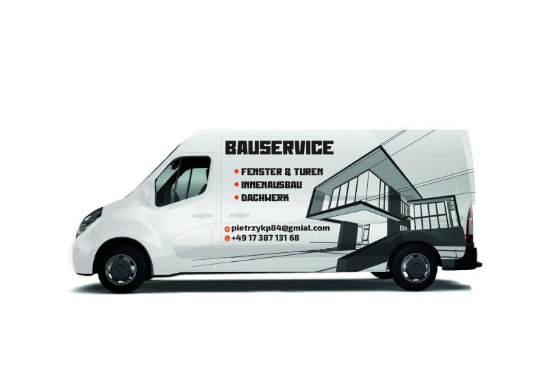 Biały bus z oszczędną grafiką i danymi kontaktowymi — naklejki i litery na samochodzie firmowym