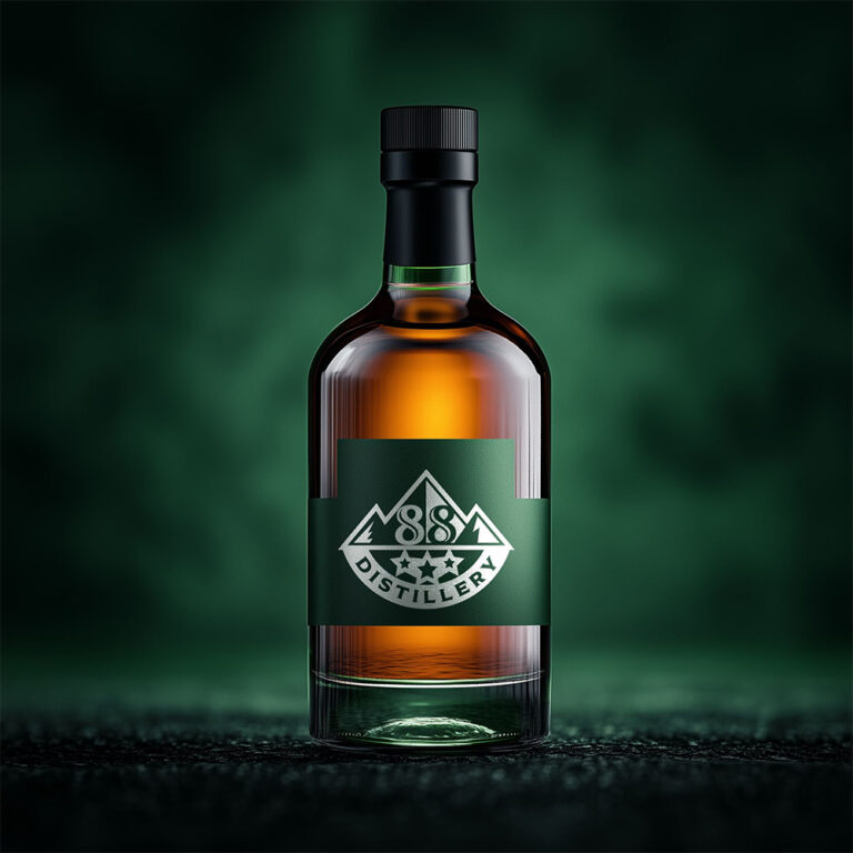 Logo 88 Distillery na etykiecie butelki — wizualizacja