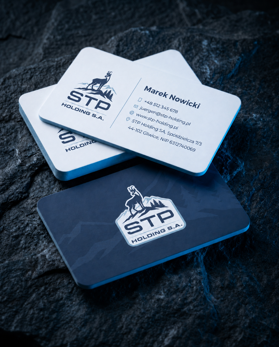 Grube wizytówki STP Holding z barwionymi krawędziami — projekt logo dla holdingu