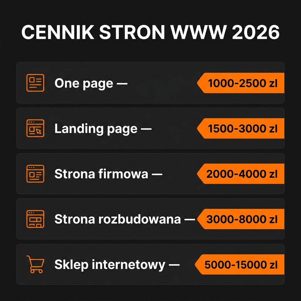 Cennik stron internetowych 2026 – widelki cenowe: one page, landing page, strona firmowa, rozbudowana i sklep internetowy