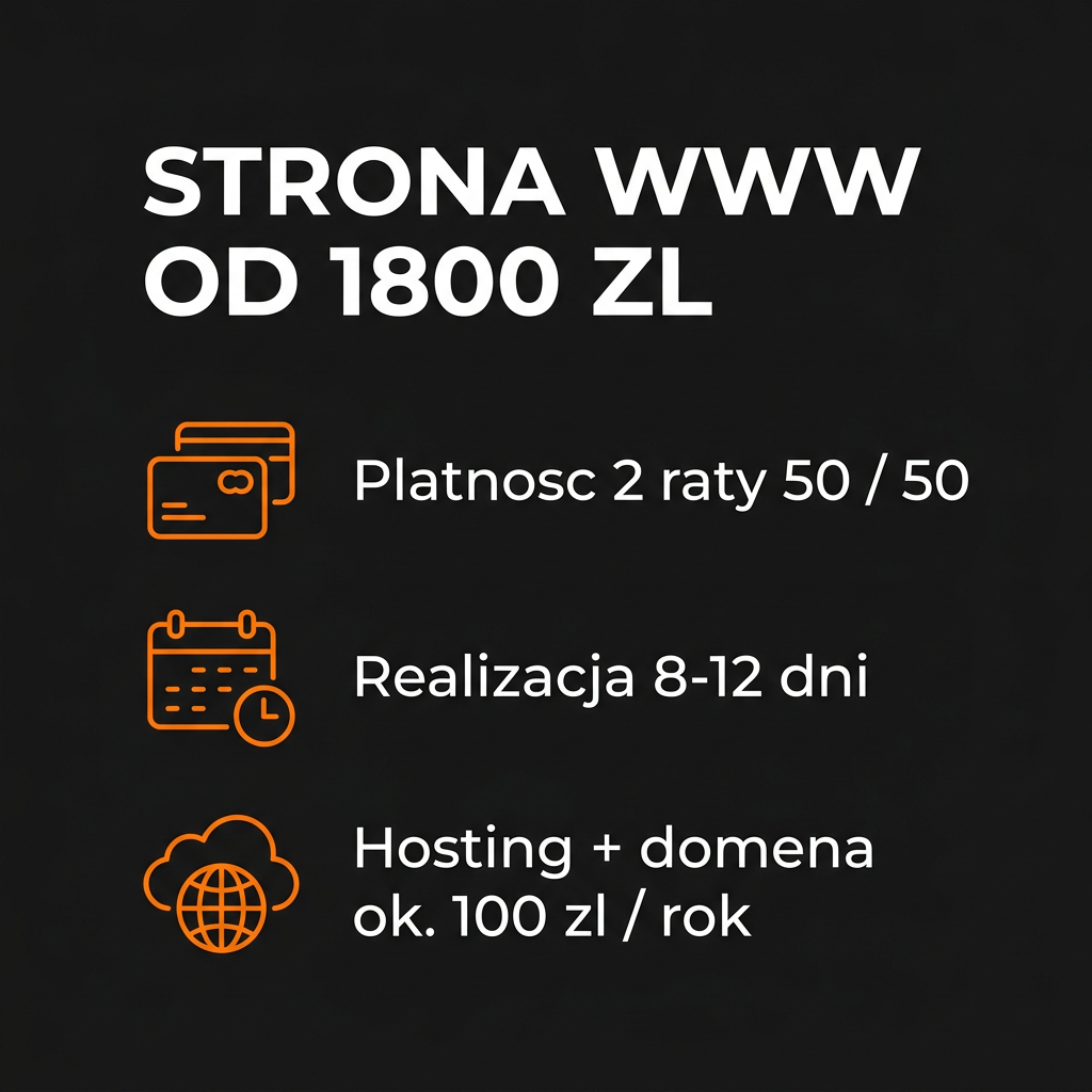 Strona internetowa od 1800 zl brutto – oferta studia Skubi Art: platnosc w 2 ratach, realizacja 8-12 dni, hosting i domena ok. 100 zl rocznie