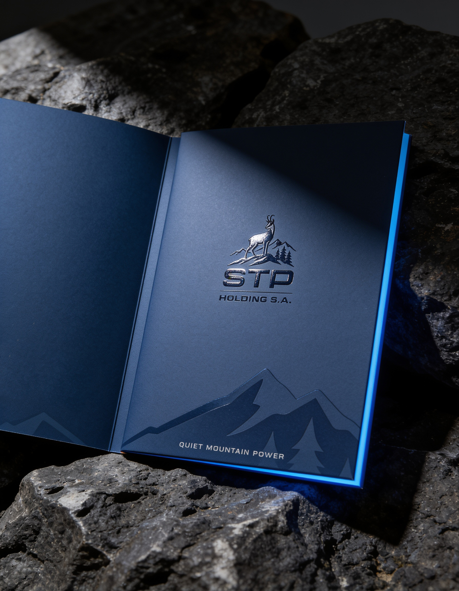 Granatowa teczka ofertowa z tłoczonym logo STP Holding i hasłem Quiet Mountain Power