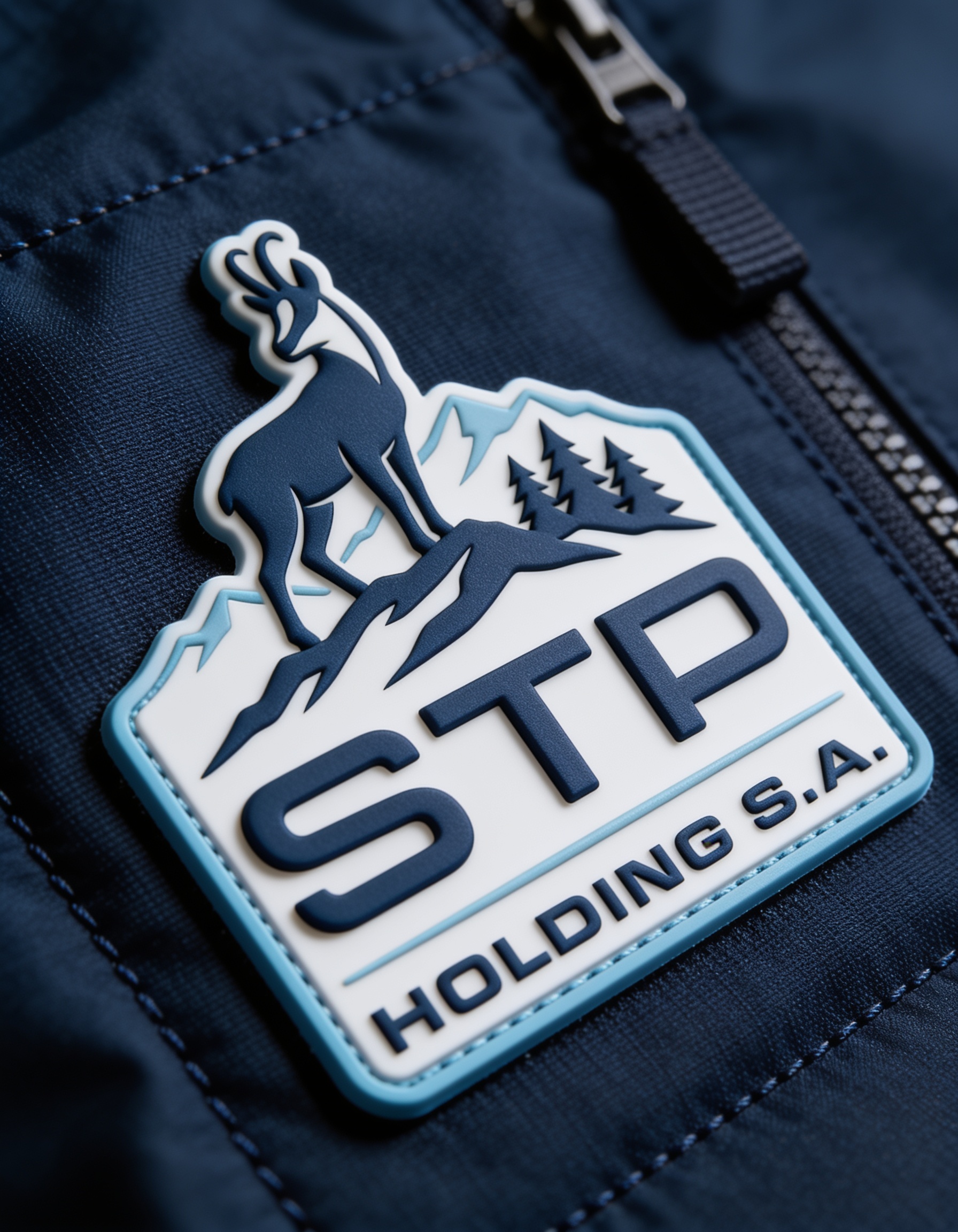 Emblemat PVC z logo STP Holding na granatowej kurtce firmowej — odzież z brandingiem