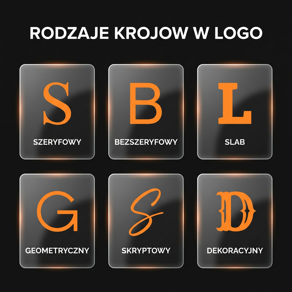 Rodzaje krojów pisma stosowanych w logo — szeryfowy, bezszeryfowy, slab, geometryczny, skryptowy i dekoracyjny