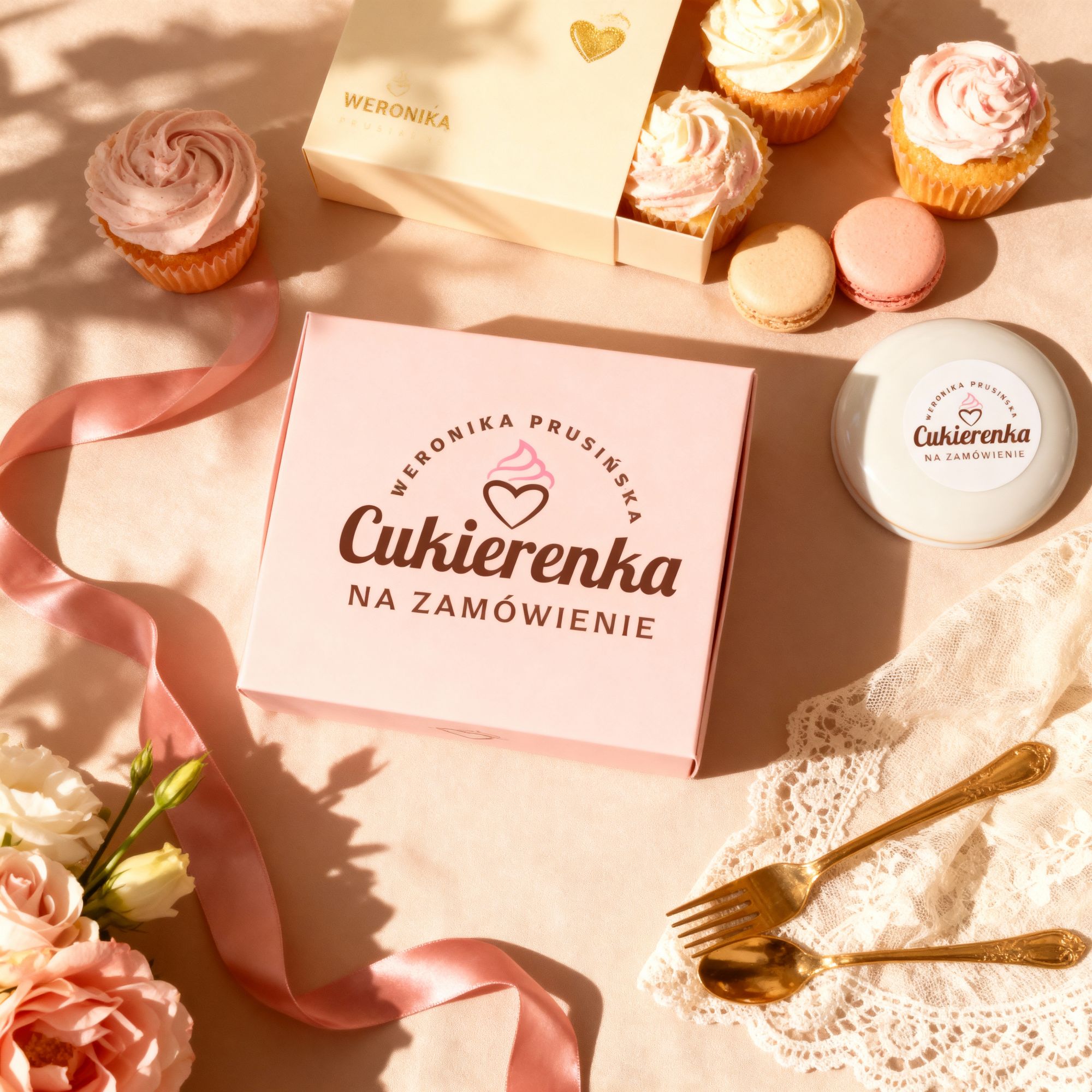 Logo cukierni Cukierenka na eleganckich pudełkach z ciastkami — branding dla cukierni, Skubi Art