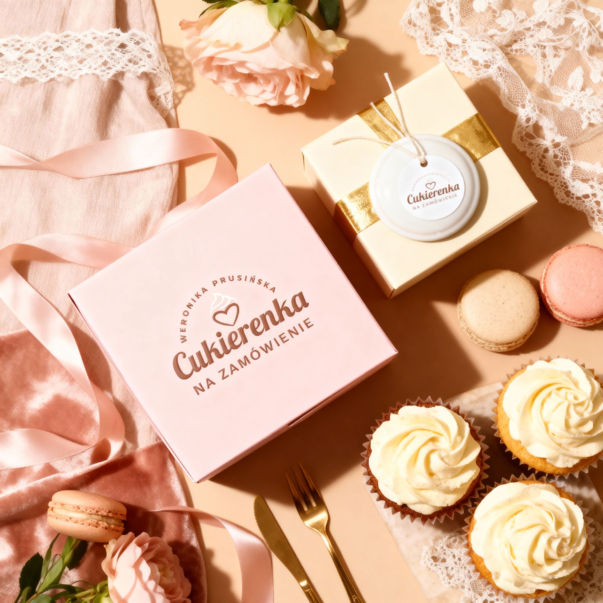 Logo Cukierenka na opakowaniach prezentowych z ciastkami — identyfikacja wizualna cukierni