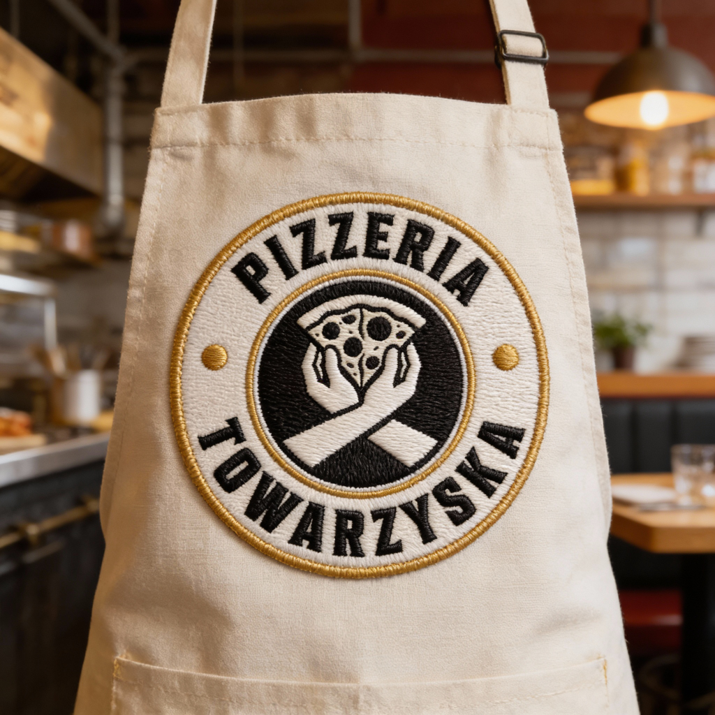 Logo Pizzeria Towarzyska wyhaftowane na fartuchu kucharskim — projekt logo dla pizzerii, Skubi Art