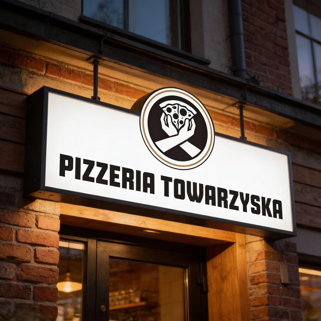 Logo Pizzeria Towarzyska na podświetlanym szyldzie lokalu — projekt logo dla branży gastronomicznej