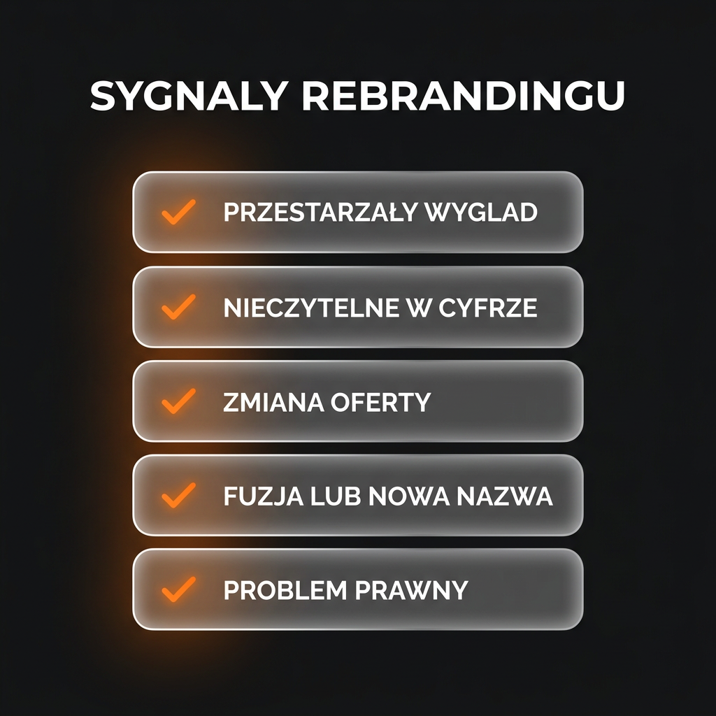Sygnały rebrandingu — kiedy zmienić logo: przestarzały wygląd, brak czytelności w cyfrze, zmiana oferty, fuzja, problem prawny