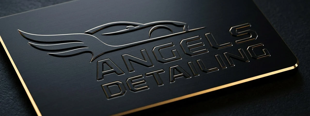 Angels Detailing — logo tłoczone na czarnej wizytówce ze złotą krawędzią
