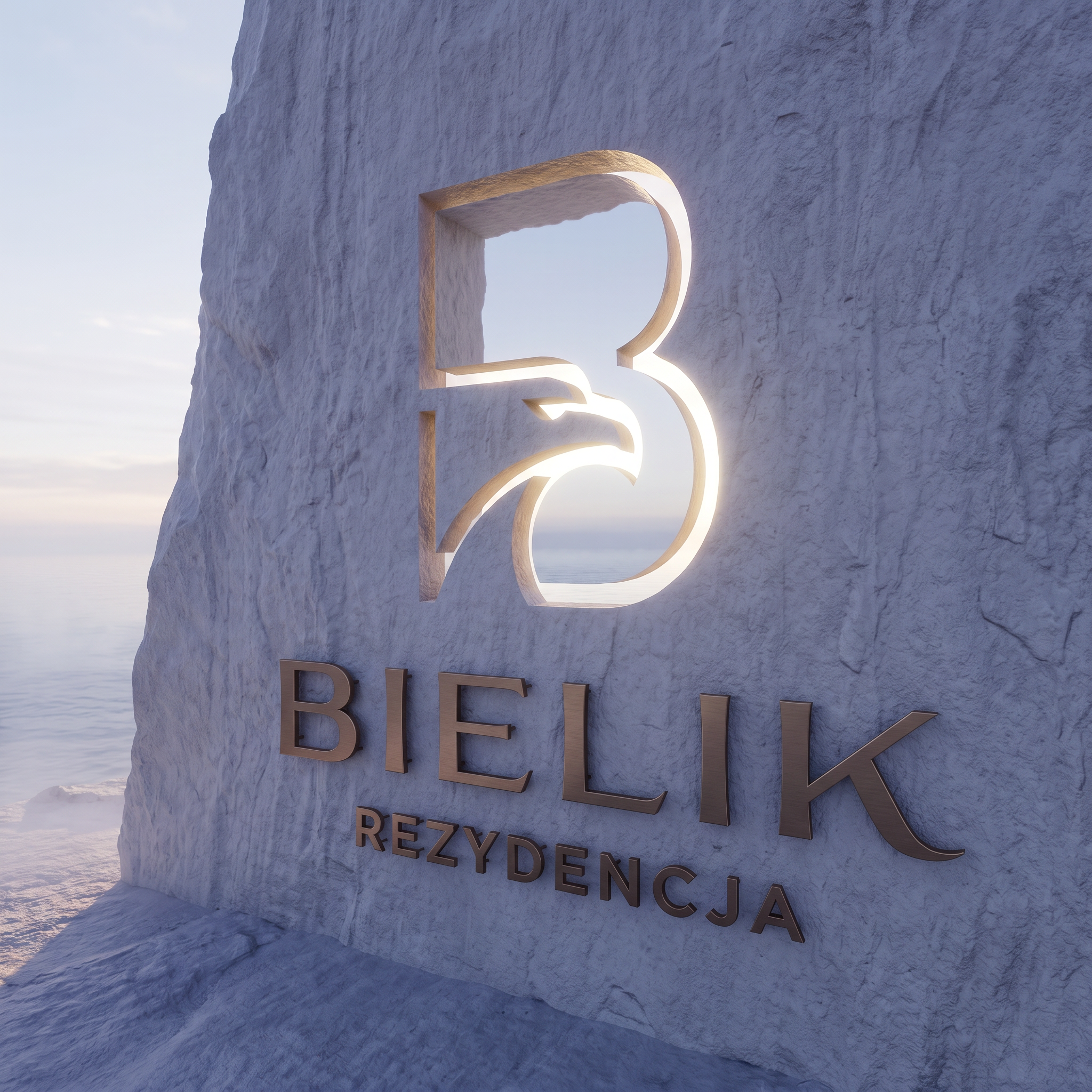 Koncepcja monogramu Bielik na elewacji nad morzem