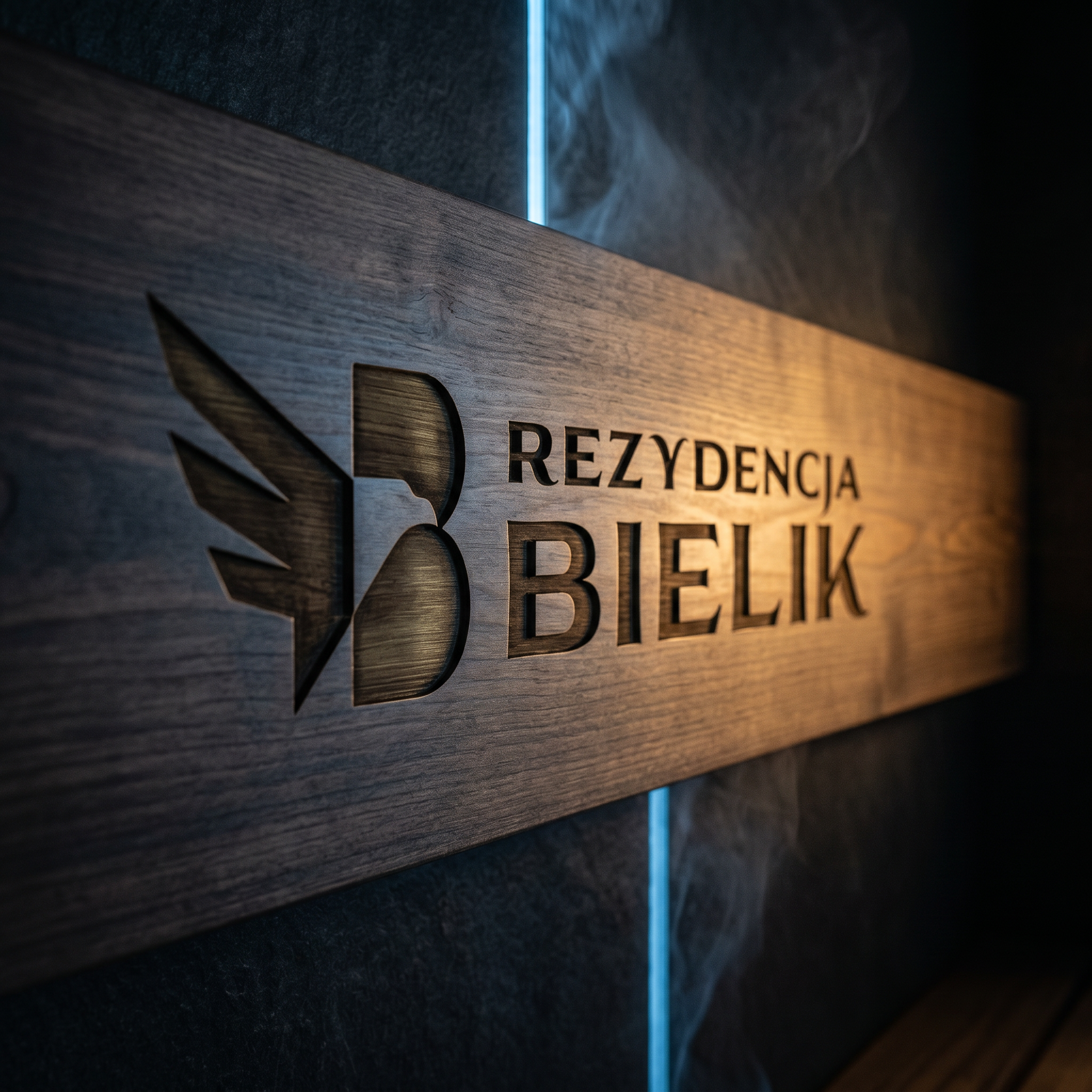 Monogram Rezydencji Bielik na ciemnej tablicy we wnętrzu