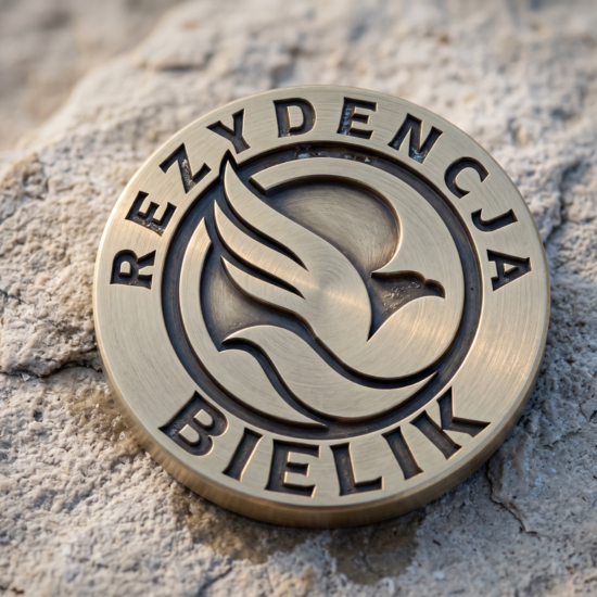 Metalowy medalion z emblematem ptaka Rezydencji Bielik