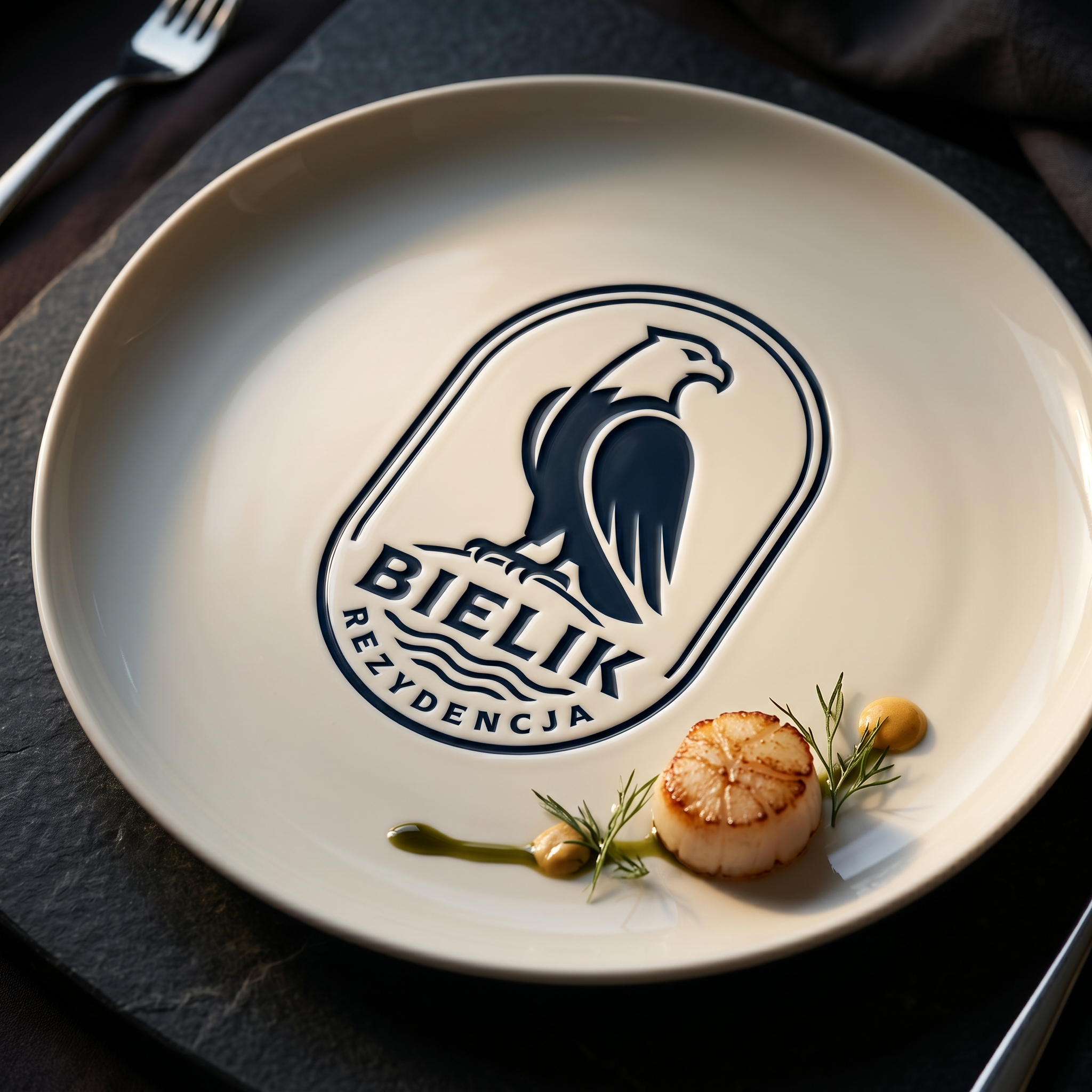 Emblemat z bielikiem na talerzu restauracji