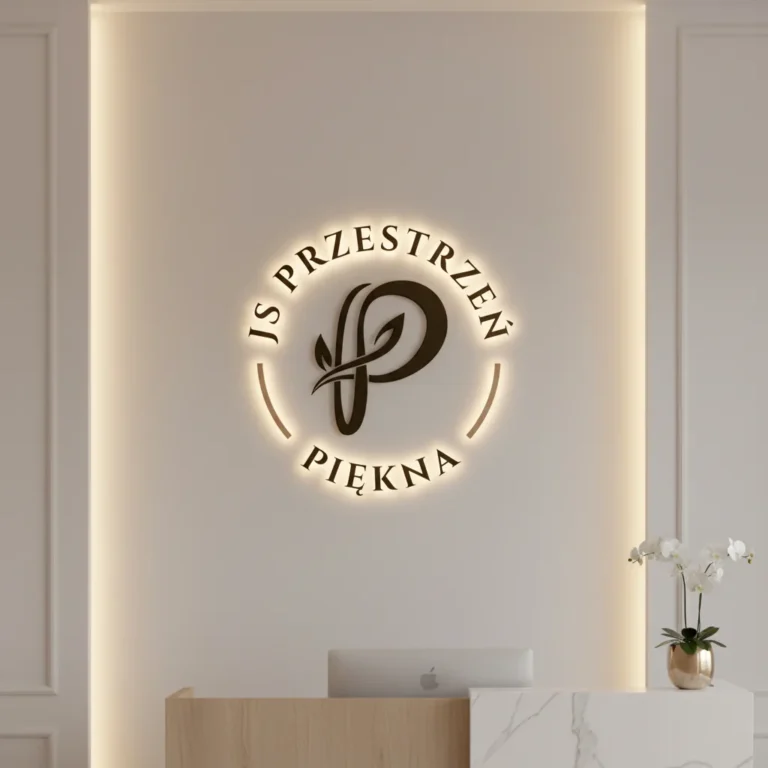 Podświetlane logo JS Przestrzeń Piękna w recepcji — wizualizacja