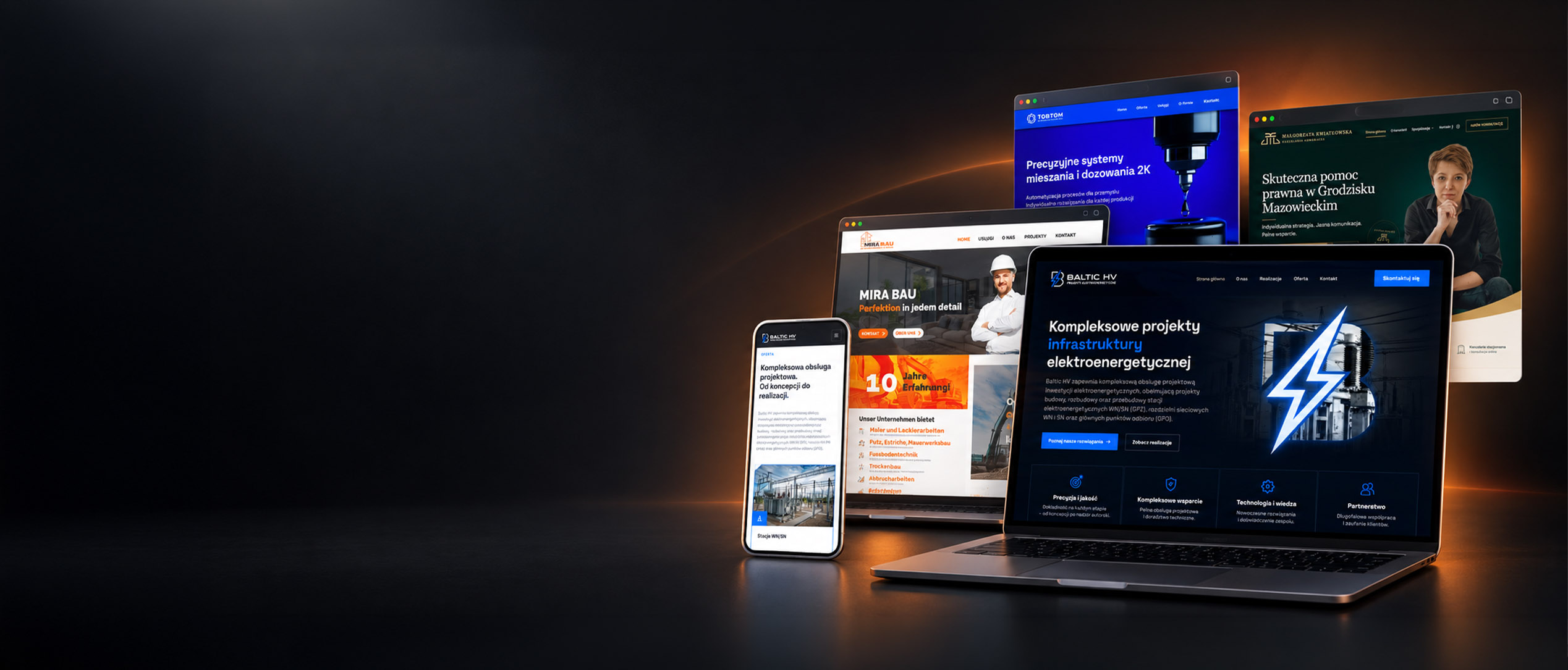 Projekty stron internetowych na laptopie, tablecie i telefonie