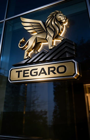 TEGARO — złoty znak z lwem na szyldzie przy wejściu do budynku