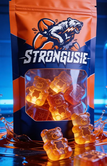 Strongusie — branding opakowania żelków z maskotką niedźwiedzia