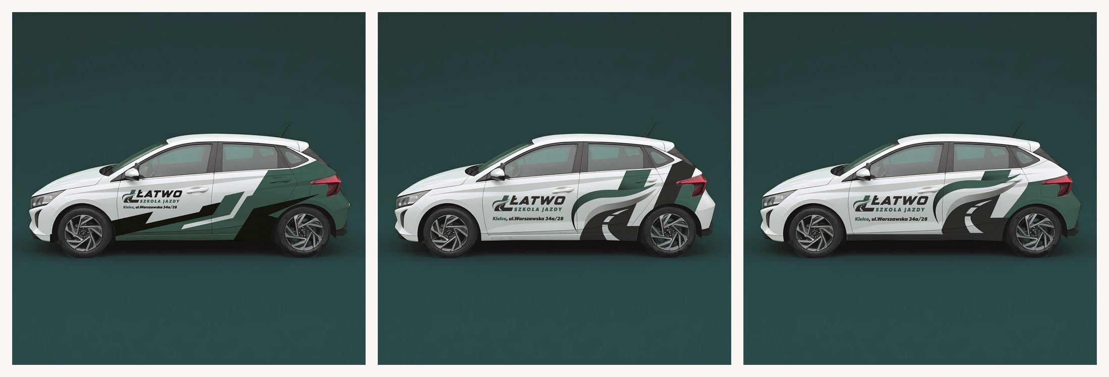 Wstępne koncepcje oklejenia Hyundai i20 dla Szkoły Jazdy Łatwo