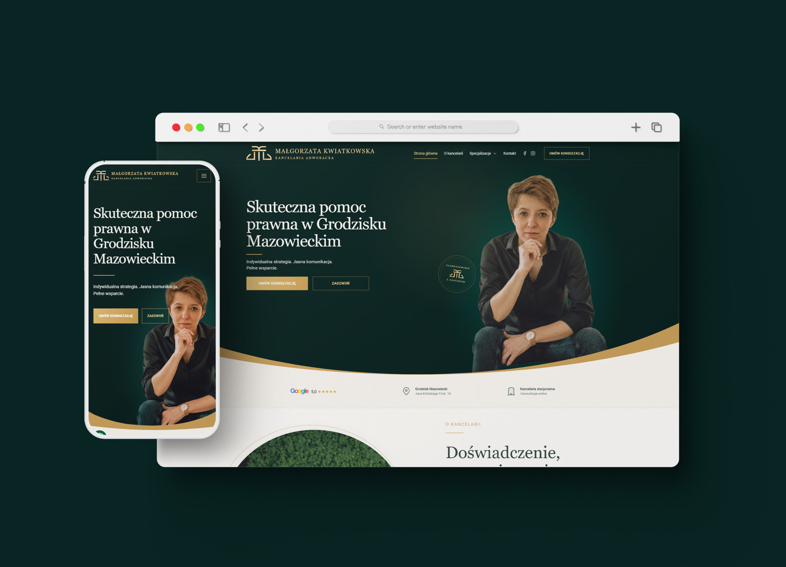 Strona główna kancelarii adwokackiej Małgorzaty Kwiatkowskiej na desktopie i telefonie — projekt Skubi Art