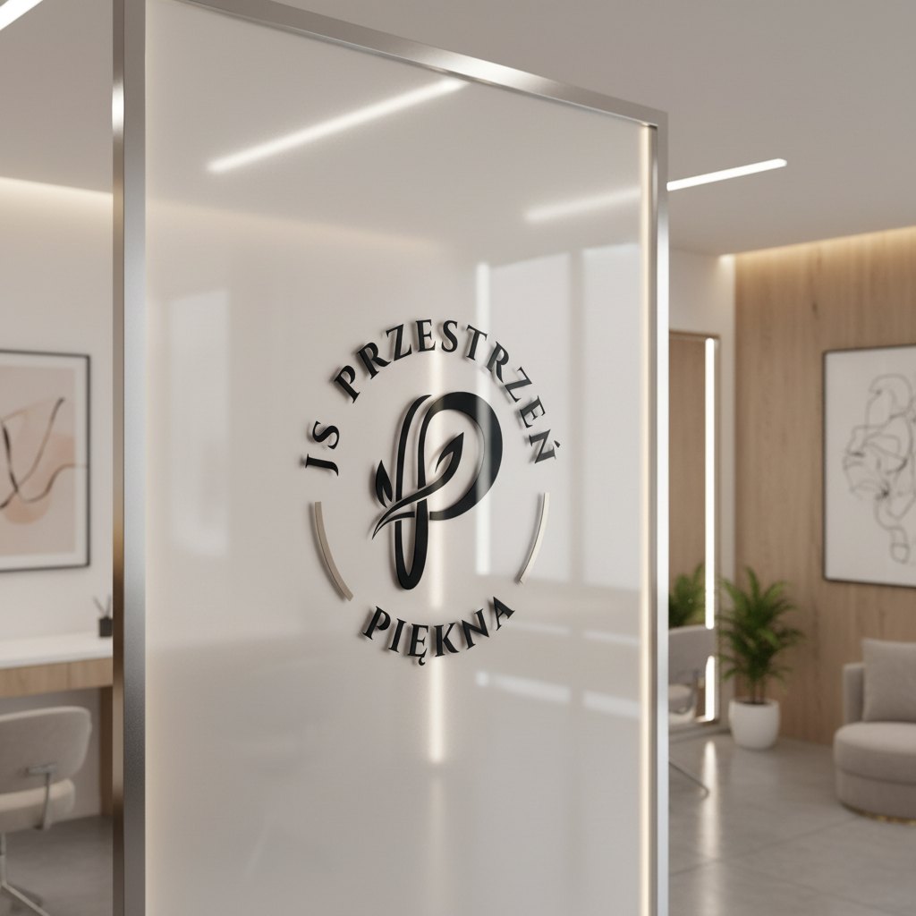 Logo salonu kosmetycznego na szklanej ściance działowej we wnętrzu gabinetu