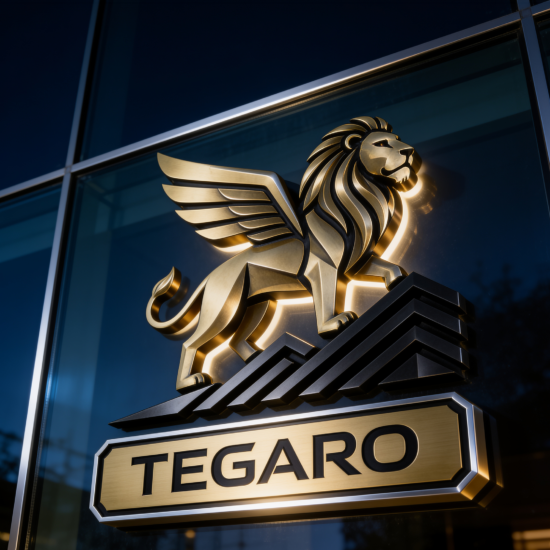 Wizualizacja logo firmy dekarskiej TEGARO na ciemnym szyldzie