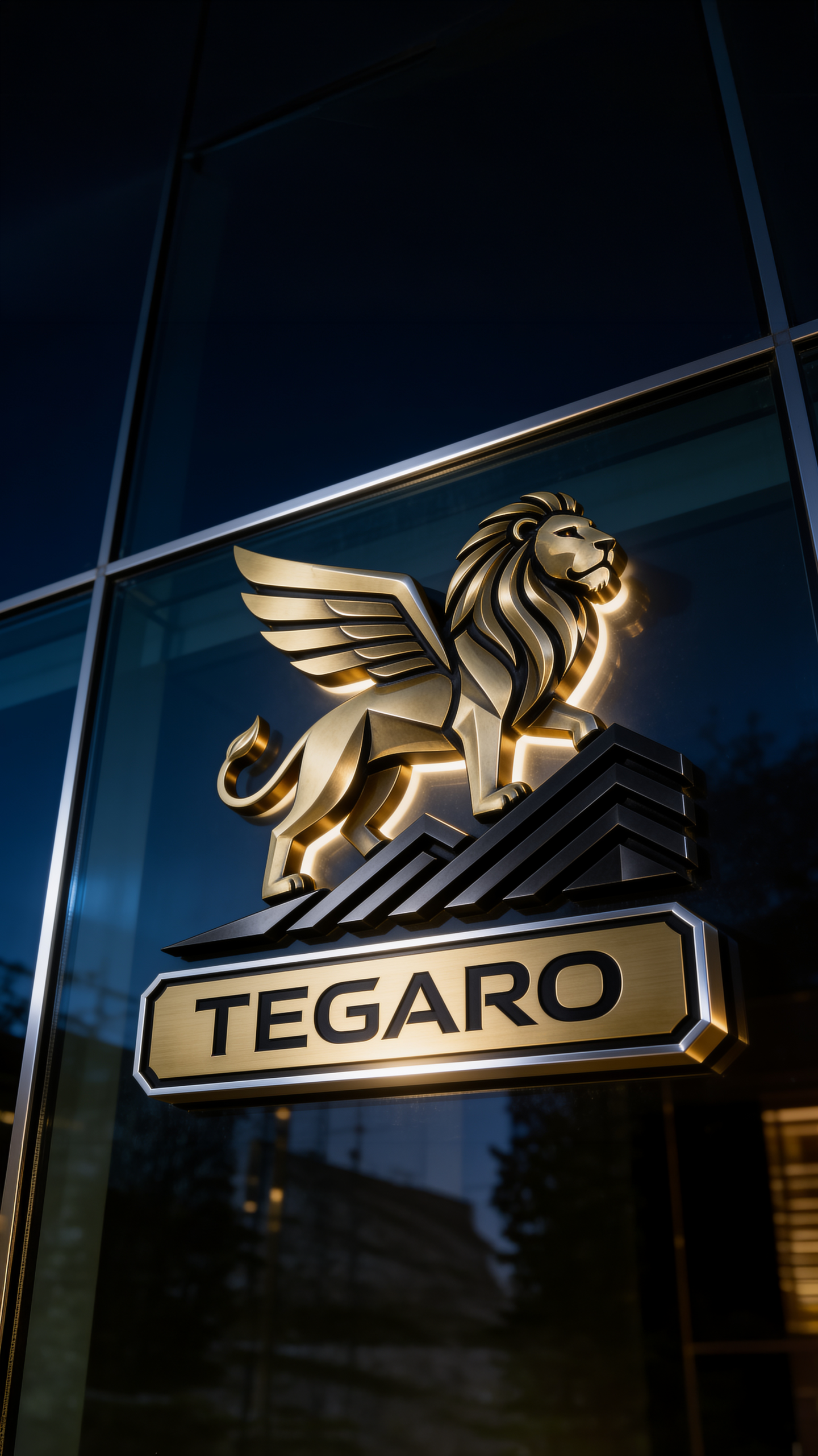 Wizualizacja logo firmy dekarskiej TEGARO na ciemnym szyldzie