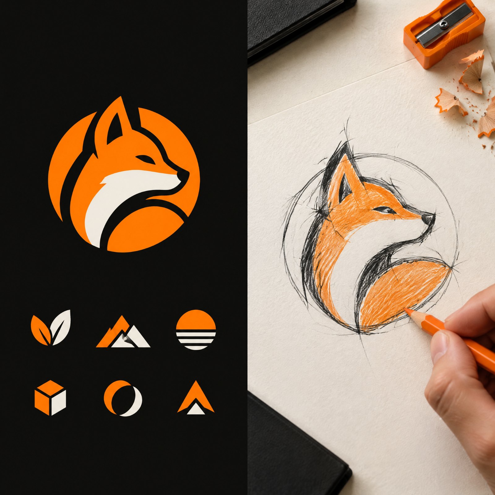 Gotowe logo z kolekcji obok ręcznego szkicu logo — gotowe logo czy projekt indywidualny