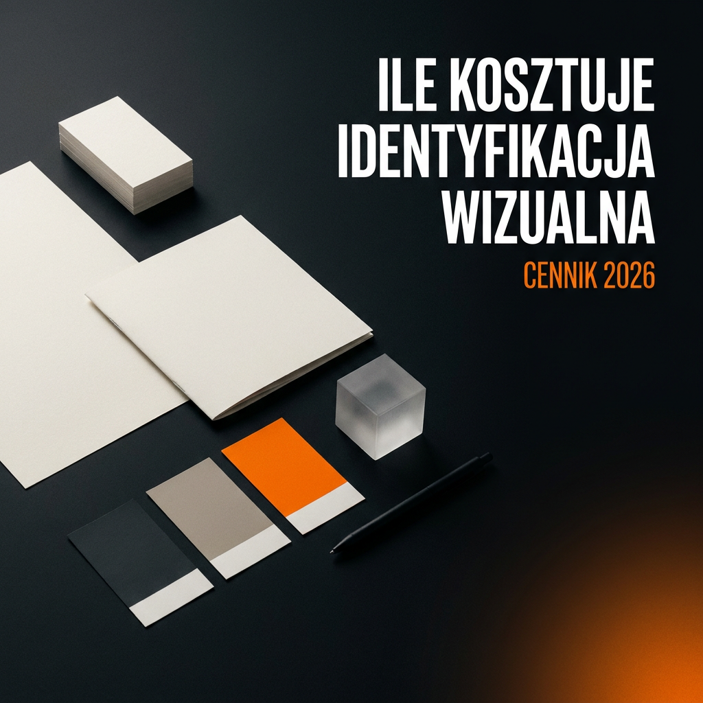 Zestaw identyfikacji wizualnej na ciemnym tle: wizytówki, papier firmowy, księga znaku i próbki kolorów — ile kosztuje identyfikacja wizualna, cennik 2026