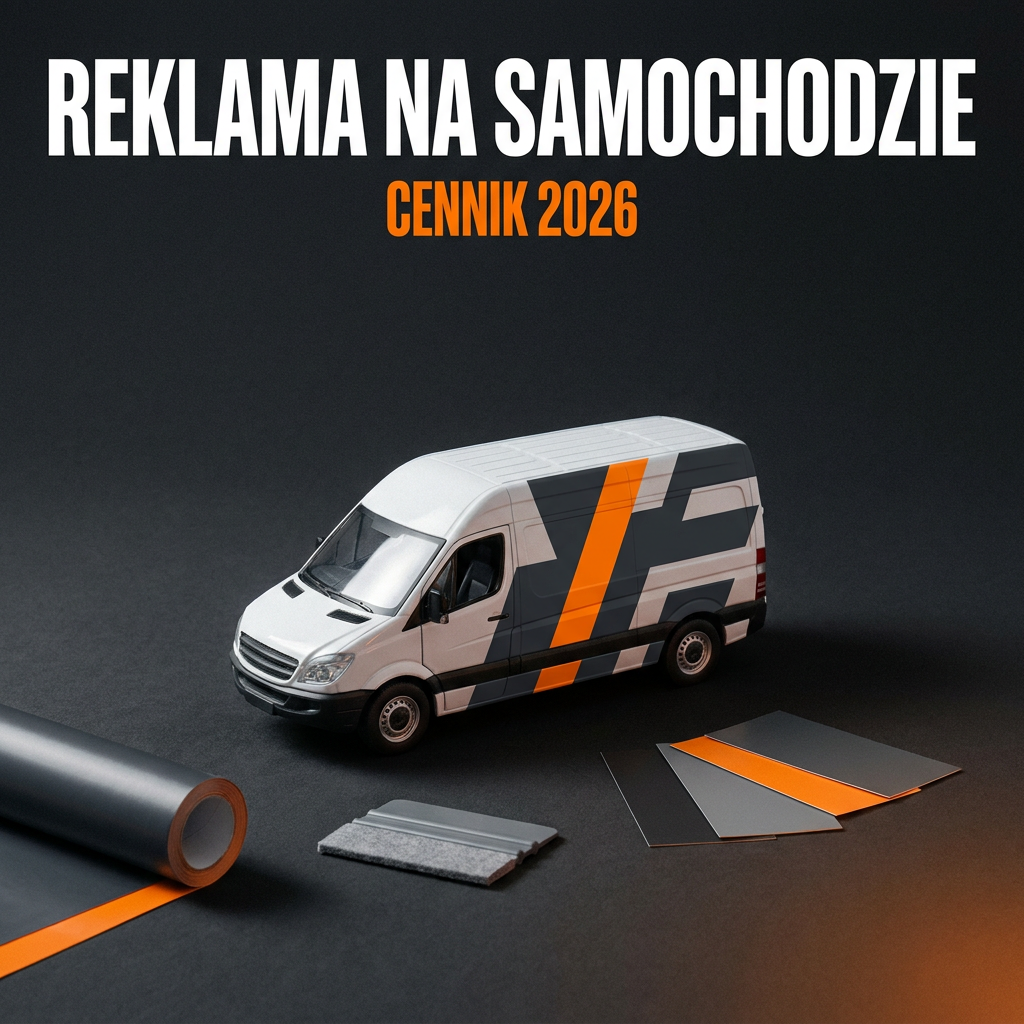 Model białego busa z częściowym oklejeniem w szaro-pomarańczową grafikę, rolka folii i rakla — ile kosztuje reklama na samochodzie, cennik 2026
