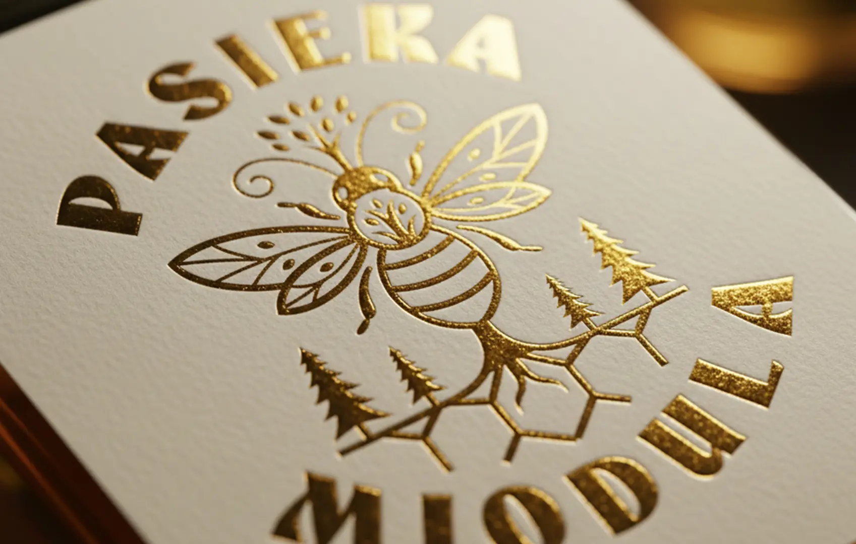 Logo Pasieka Miodula ze złoceniem na papierze, realizacja Skubi Art