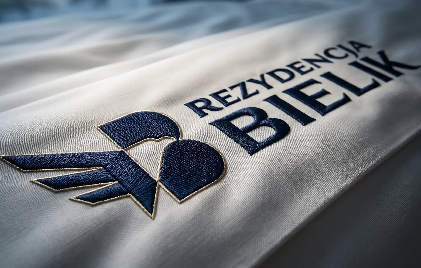 Logo Rezydencja Bielik wyhaftowane na tkaninie, realizacja Skubi Art