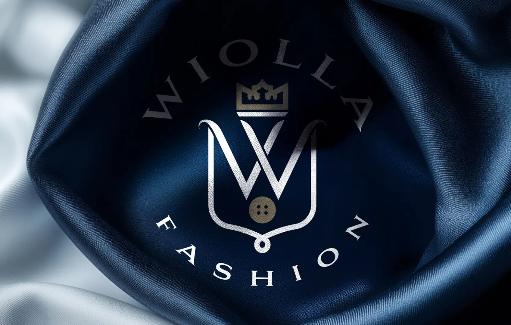 Logo Wiolla Fashion na granatowym jedwabiu, realizacja Skubi Art