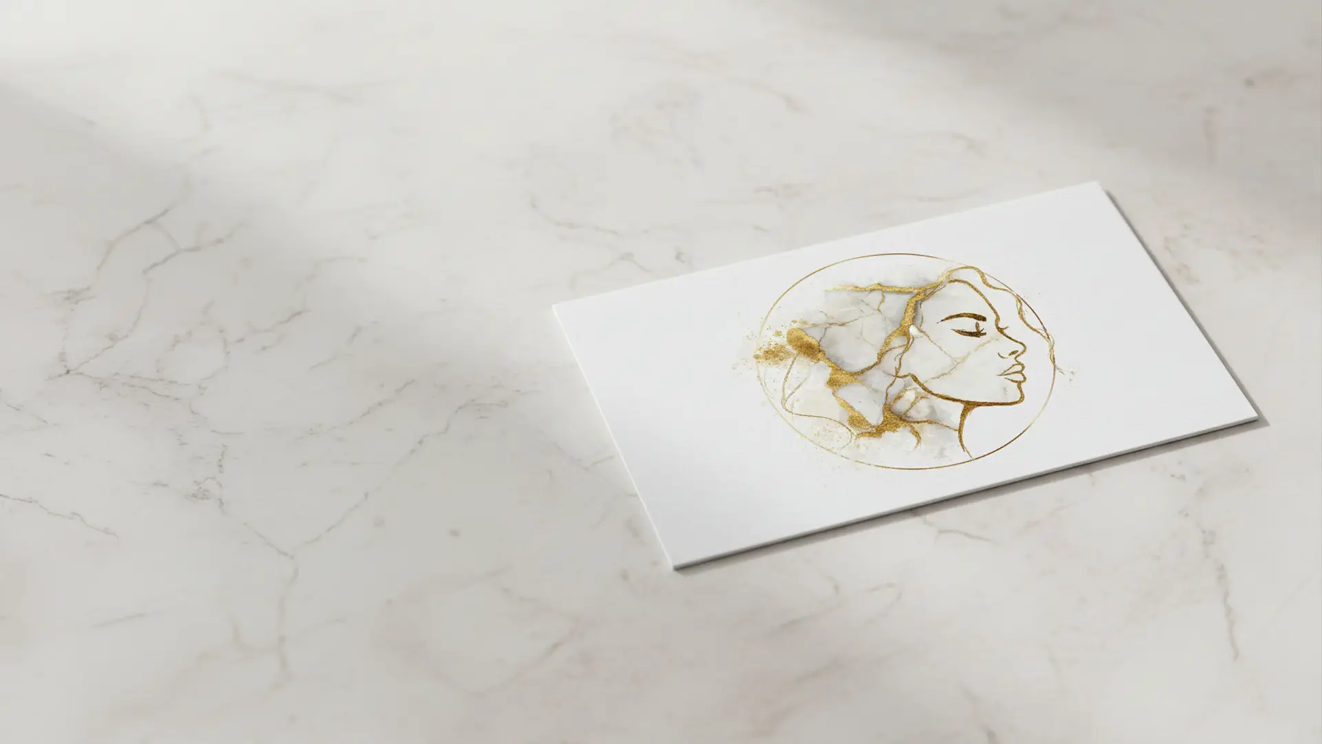Logo z kobiecym profilem i złotymi akcentami na białej wizytówce, realizacja Skubi Art