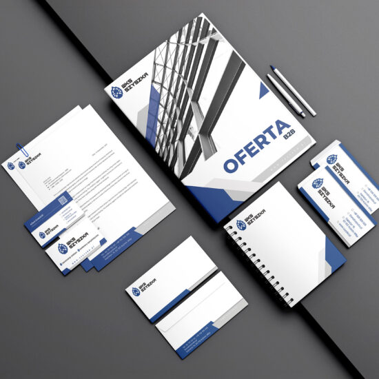 WKS Szyszka — zestaw identyfikacji: katalog oferty B2B, papier firmowy, wizytówki, koperta i notes, projekt Skubi Art