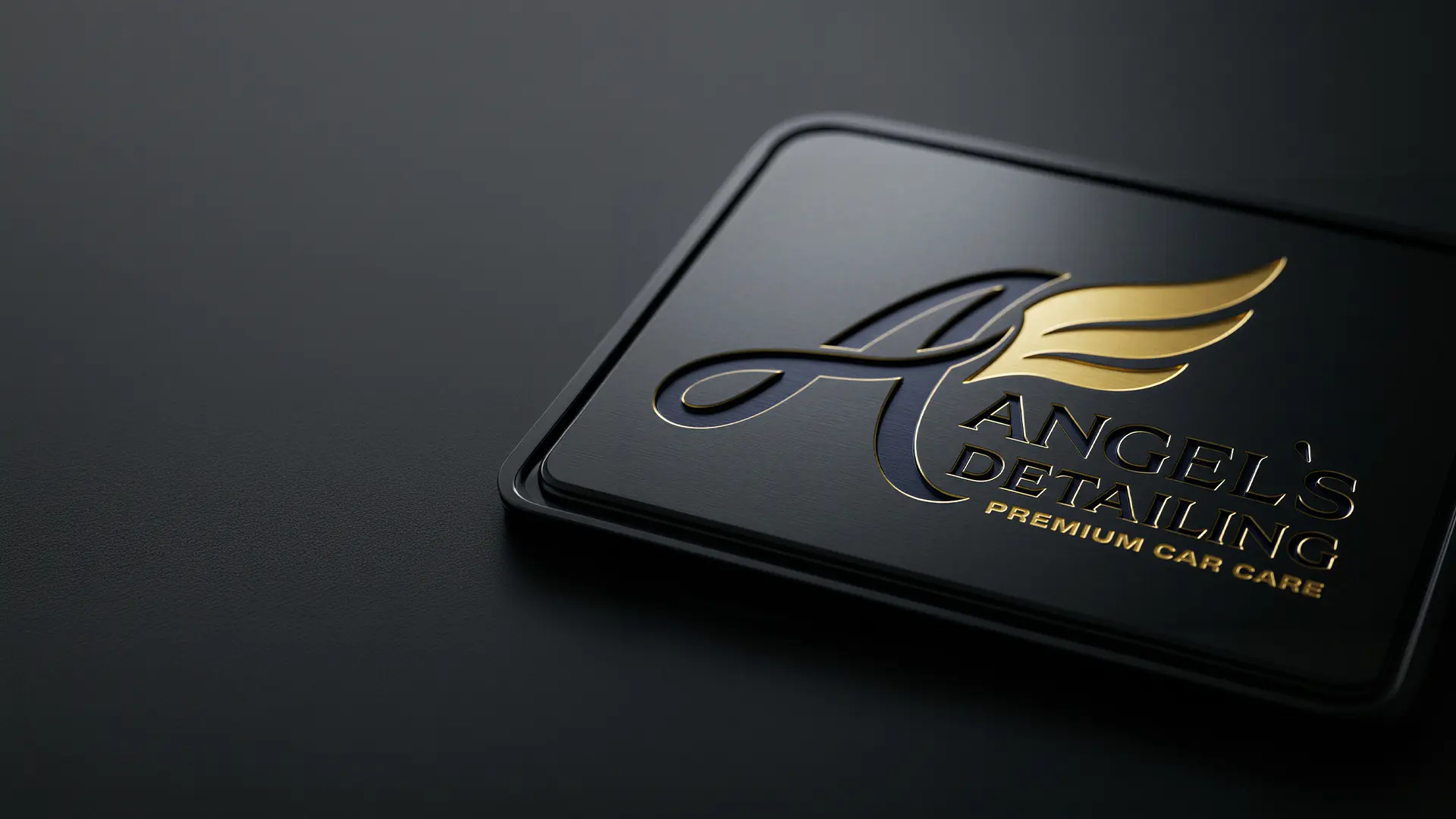 Logo Angel’s Detailing Premium Car Care — tłoczenie ze złotymi skrzydłami, realizacja Skubi Art