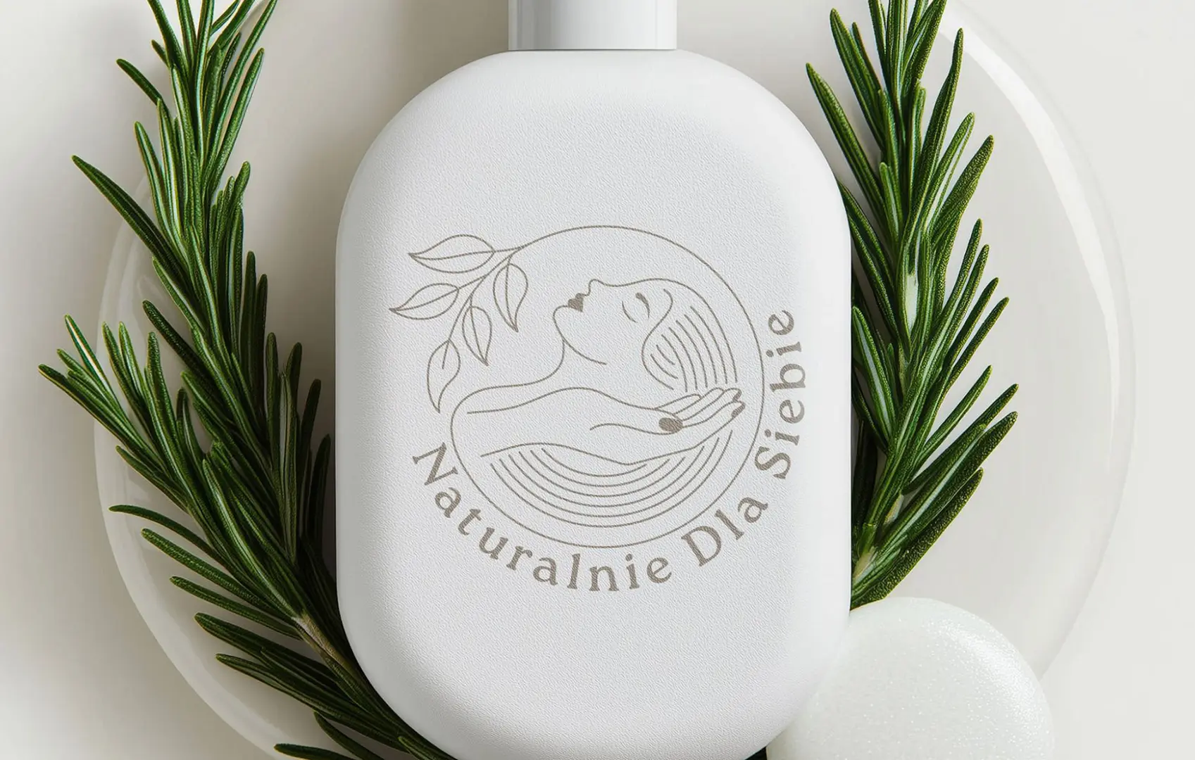 Logo Naturalnie Dla Siebie na białej butelce kosmetyku, realizacja Skubi Art