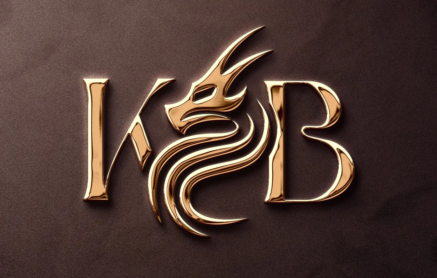 Złote logo KB ze smokiem na brązowym tle, realizacja Skubi Art