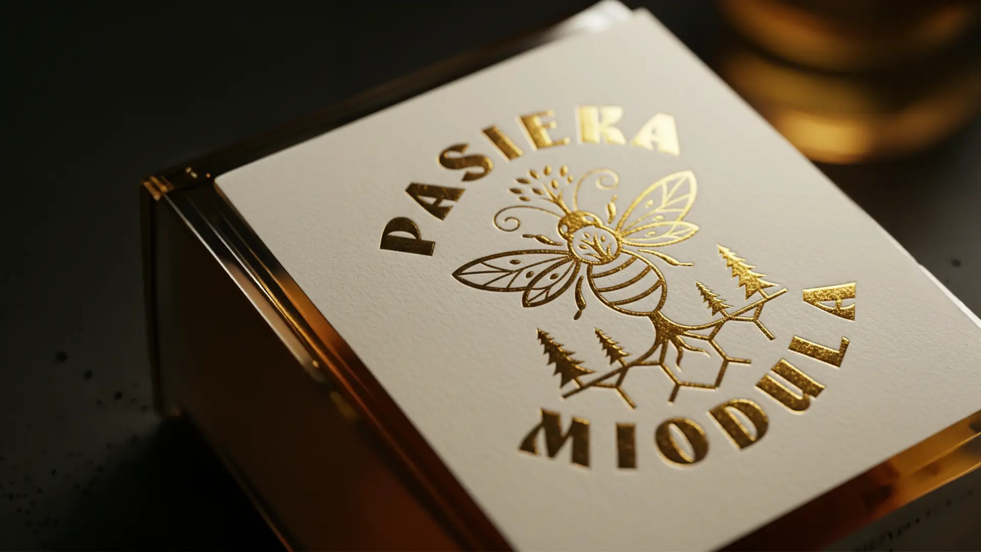 Projekt logo Pasieka Miodula — złocone tłoczenie na wizytówce, realizacja Skubi Art