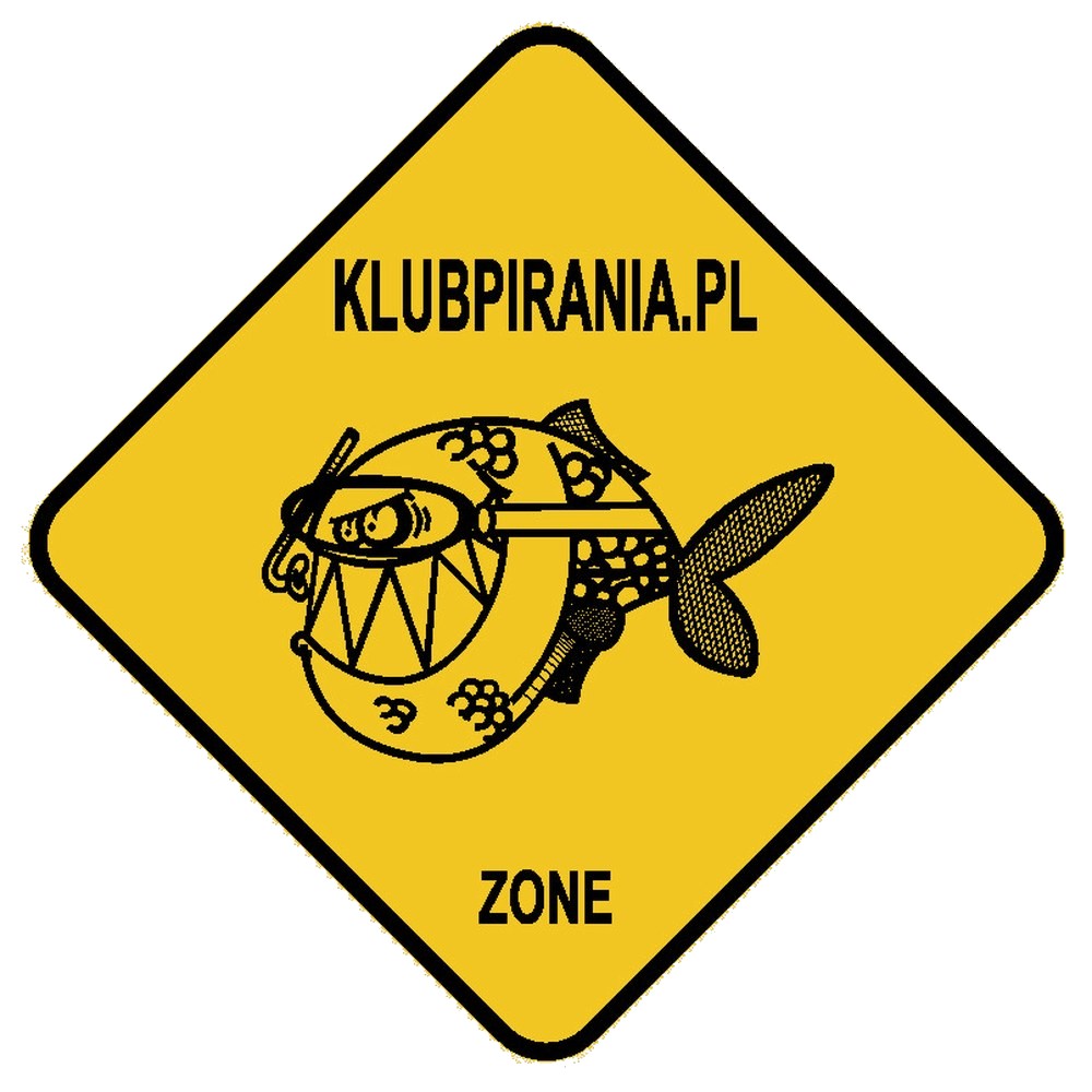 Pierwsza wersja logo Klubu Pirania — żółty znak ostrzegawczy z komiksową piranią, projekt Skubi Art