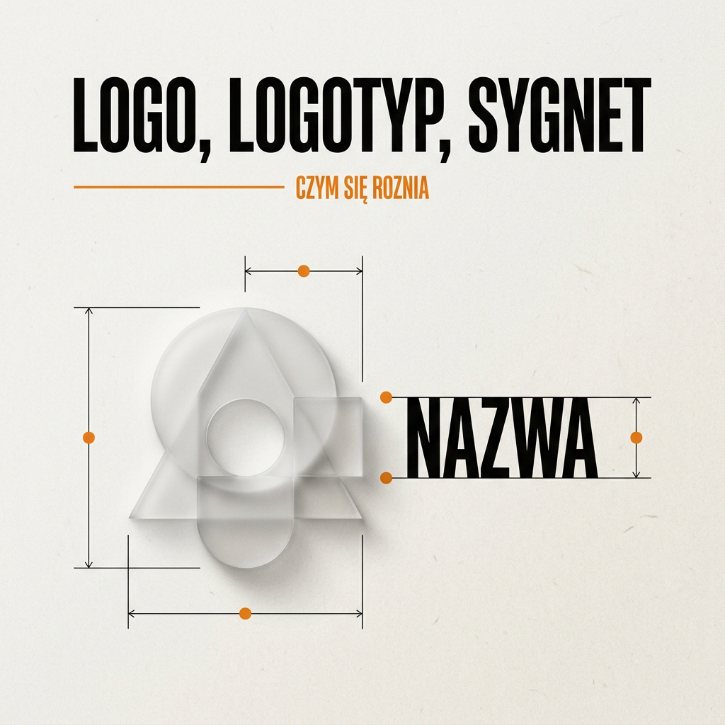 Schemat znaku firmowego: szklany sygnet połączony liniami konstrukcyjnymi z napisem NAZWA — logo, logotyp i sygnet, czym się różnią