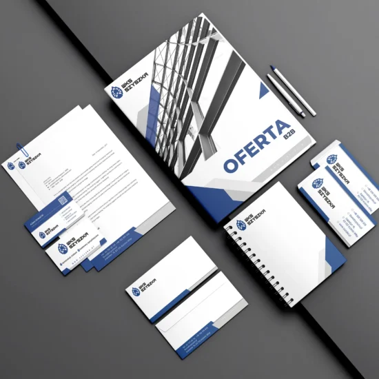 WKS Szyszka — zestaw identyfikacji: katalog oferty B2B, papier firmowy, wizytówki, koperta i notes, projekt Skubi Art