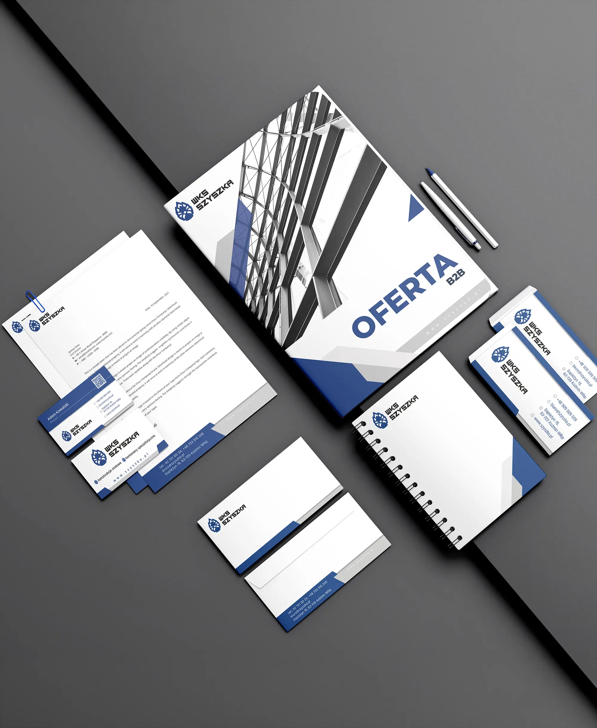 WKS Szyszka — zestaw identyfikacji: katalog oferty B2B, papier firmowy, wizytówki, koperta i notes, projekt Skubi Art