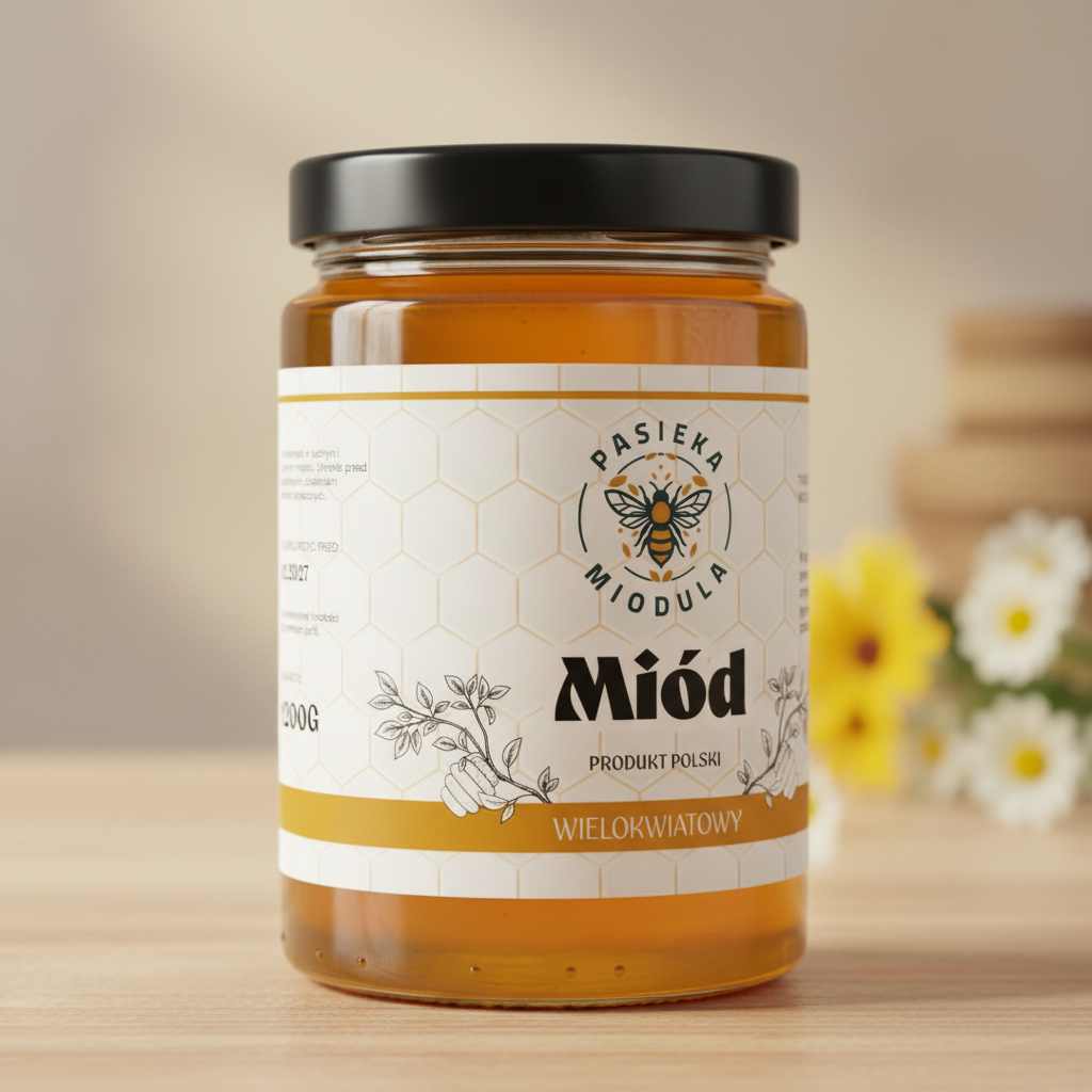 Wizualizacja etykiety miodu wielokwiatowego Miodula