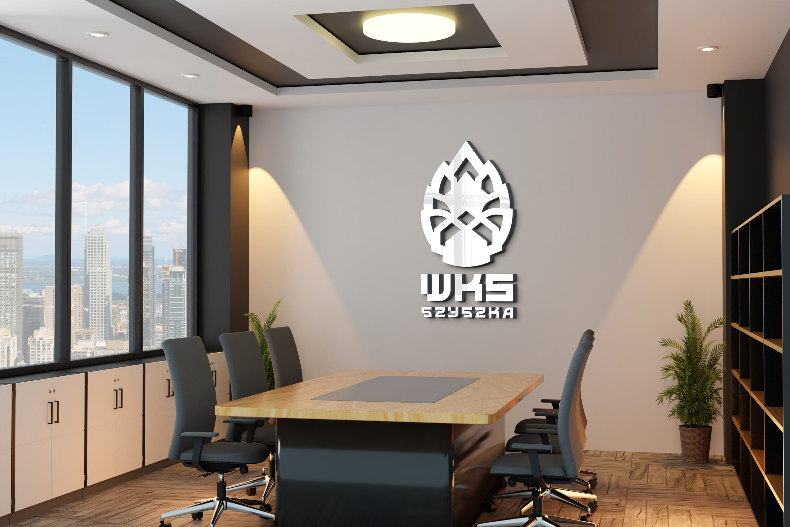 WKS Szyszka — logo z sygnetem w kształcie szyszki na ścianie biura, projekt Skubi Art