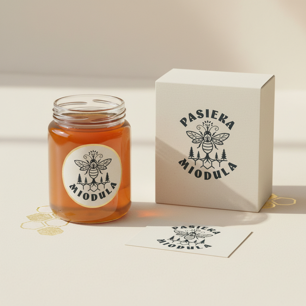 Logo Pasieki Miodula w eleganckiej prezentacji brandingowej
