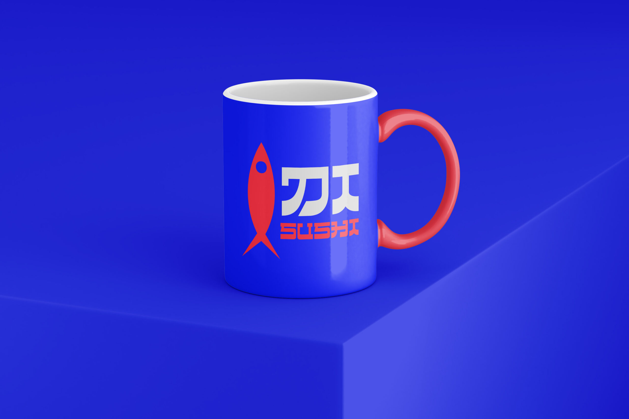 Projekt logo DI SUSHI z motywem ryby na niebieskim kubku