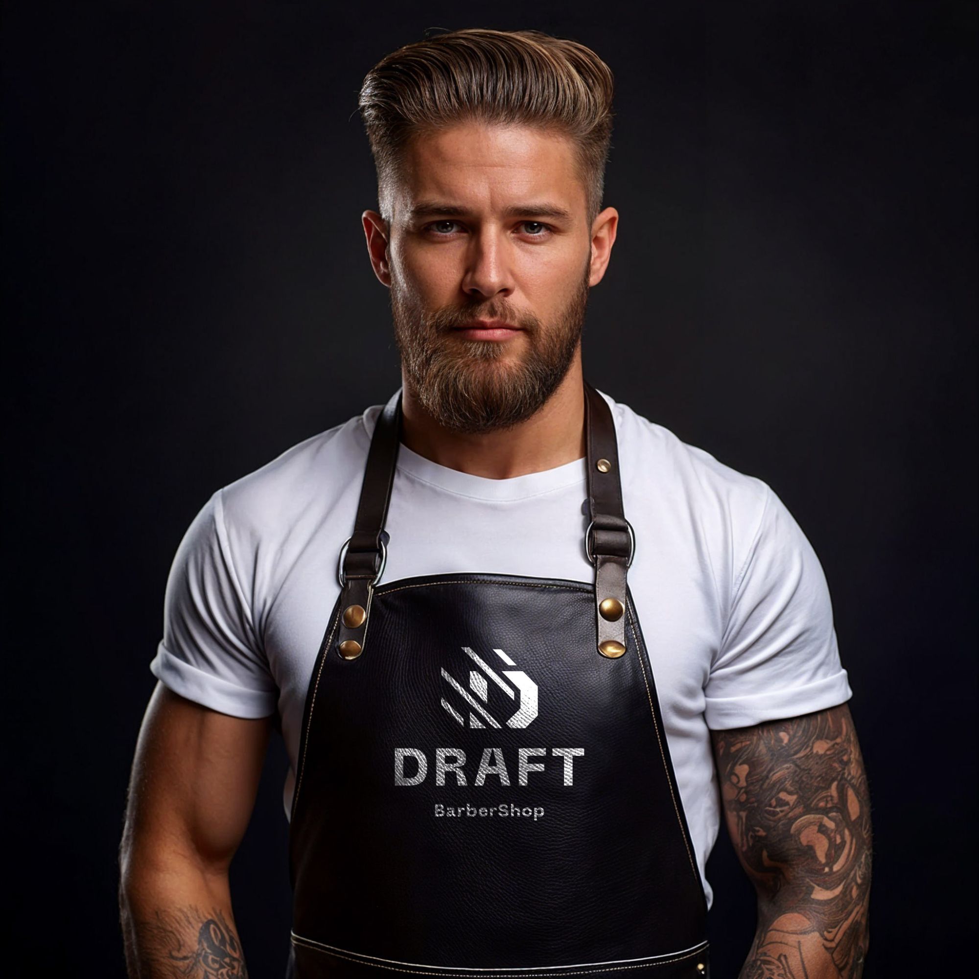 Fartuch barbera z logo DRAFT BarberShop — projekt Skubi Art