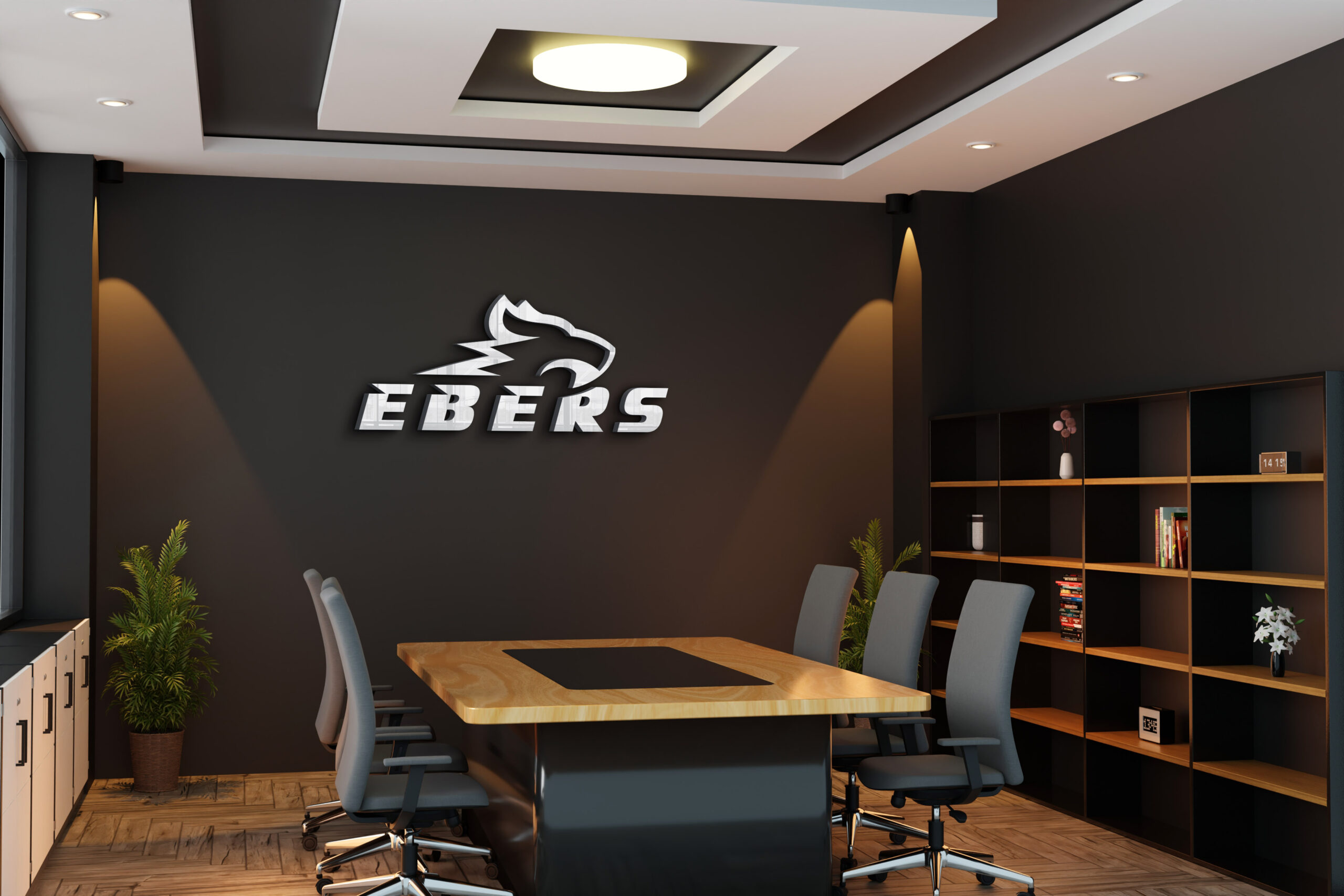 Logo EBERS na ścianie w nowoczesnym biurze