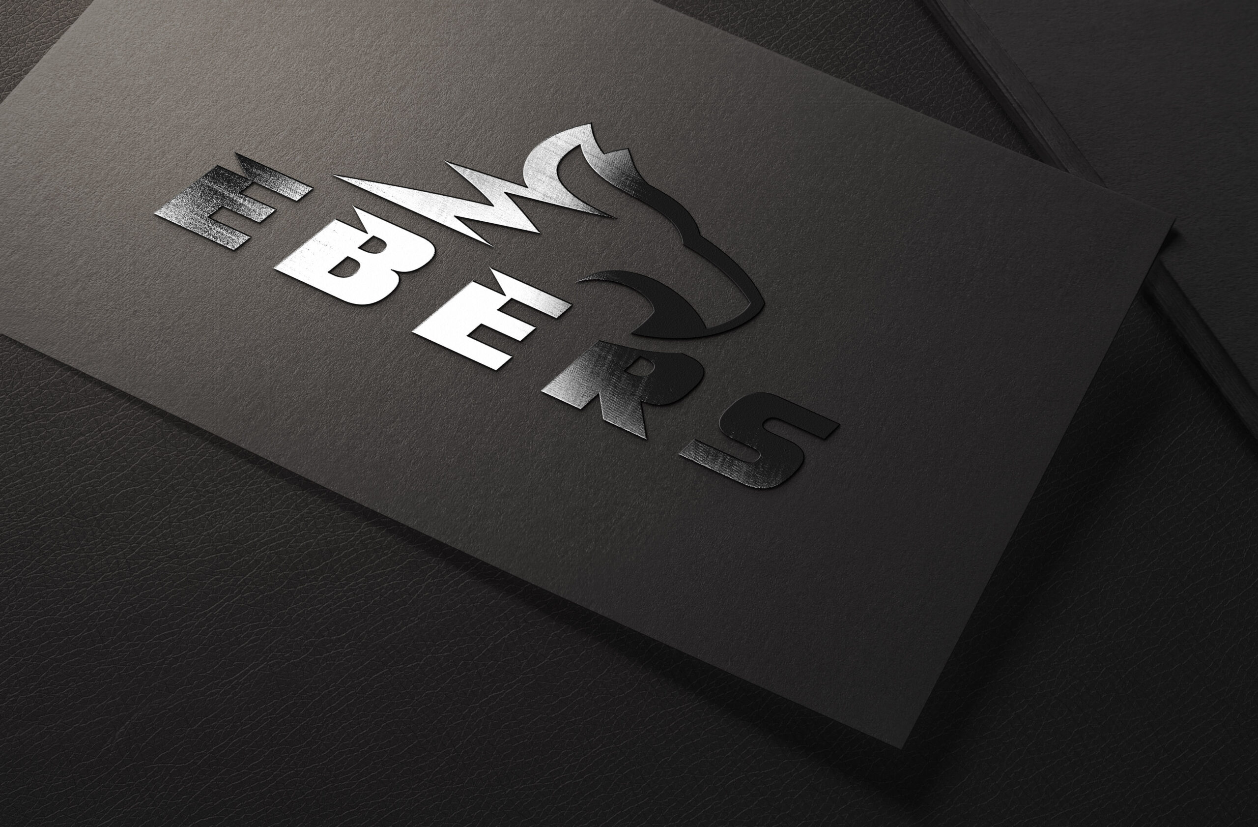 Logo EBERS tłoczone na czarnych materiałach firmowych